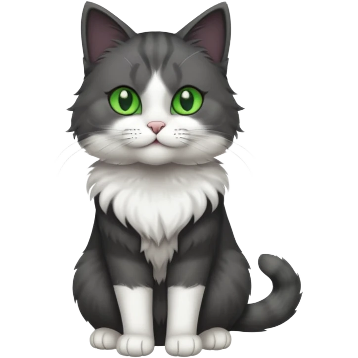 full body view of beautiful female solid dark grey cat with green eyes, white toes and white patch on chest emoji