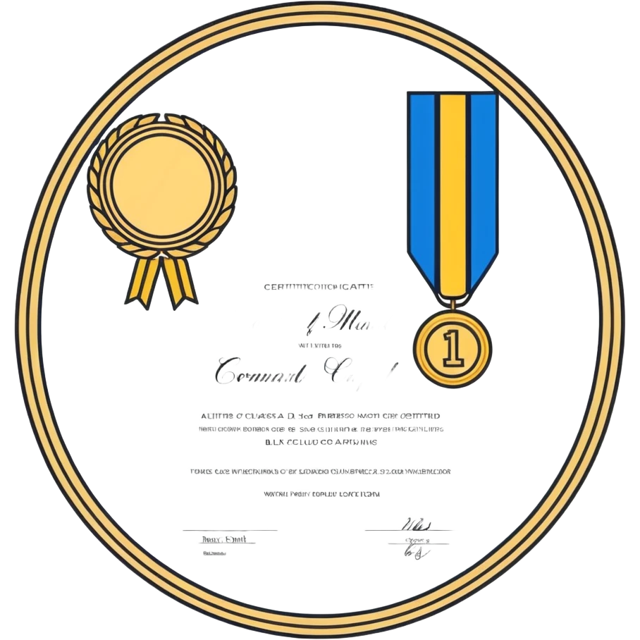 certificate of completion with a blue medal sticker, elegant border, gold accents emoji