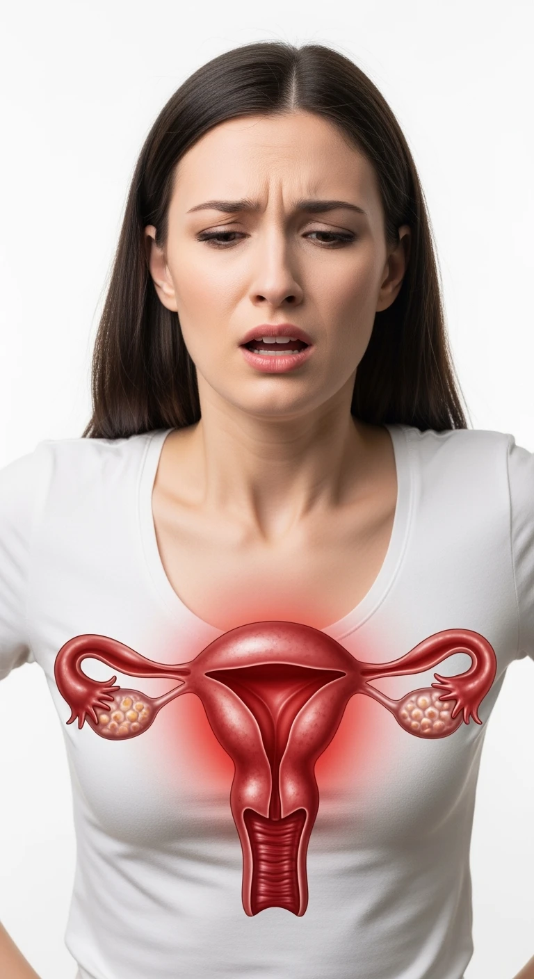 donna con utero umano realistico in evidenza dolorante, espressione di dolore in volto, sfondo bianco, non farla computerizzata, ma iperrealistica 4k emoji