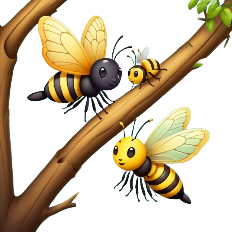 butterfly and bee sitting on a tree branch in a forest, cute and friendly emoji