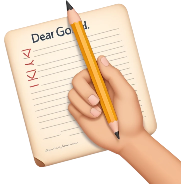 Hand holding pencil writing "Dear God" on essay paper emoji
