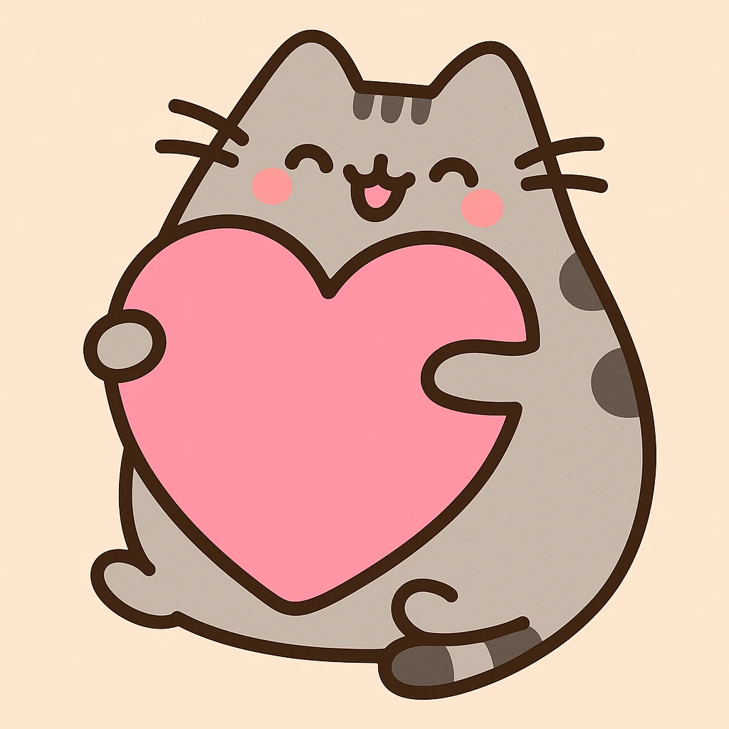 Pusheen hugging a big heart, pastel colors, adorable, pastel toon style emoji