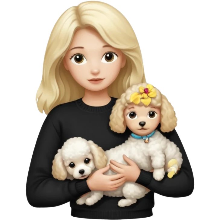 blonde girl with long hair in a black sweater holds a Poodle puppy in her arms emoji