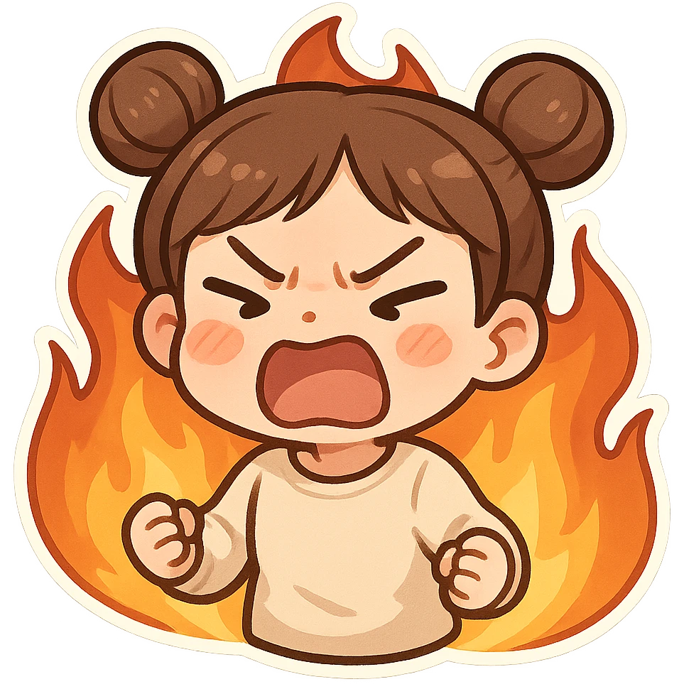 chibi sticker of a girl with double bun hairstyle, same face and clothes as before, screaming angrily, surrounded by flames, furious expression emoji