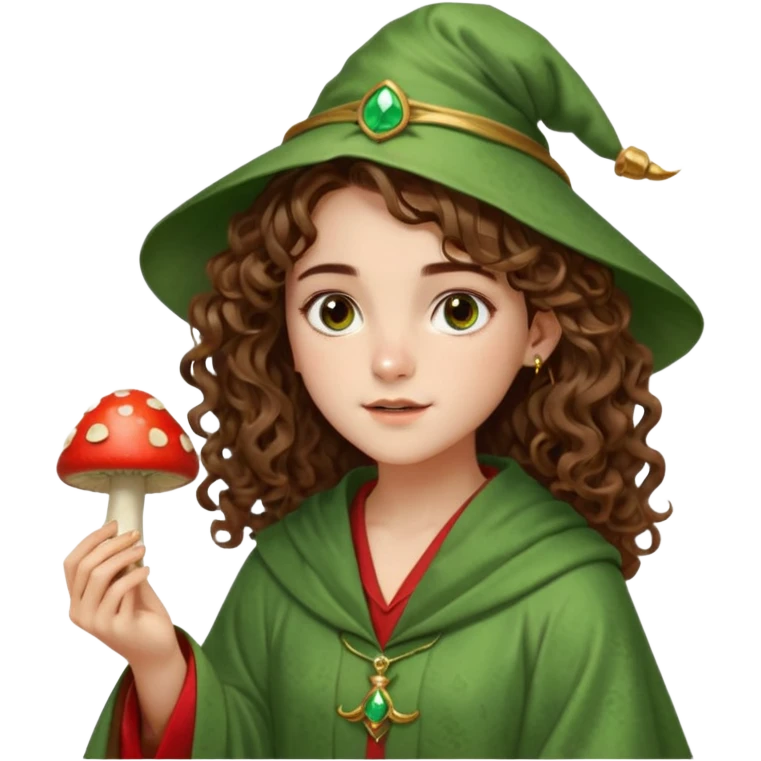 very beautiful italian girl, hazelnut brown eyes, looking like Emma Watson, with curly and big volume very bright brown hair, and a golden piercing ring in nose on left side, dressed in a beautiful wizard robe of green colors, holding red fly mushroom emoji
