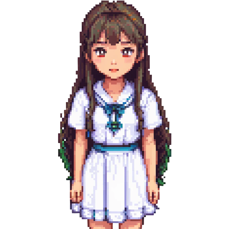Asian girl in college student dress, thin bangs, long hair, round eyes, no double eyelids, humorous face, pixel art emoji