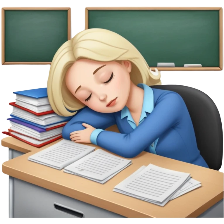 Exhausted female teacher napping at classroom desk with papers emoji
