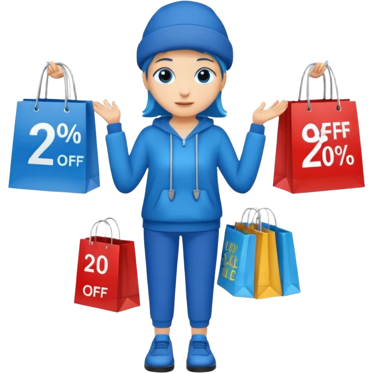 Person who is waiting the sale promotion with 20% off sign, wearing blue outfit and hanging some shopping bags emoji