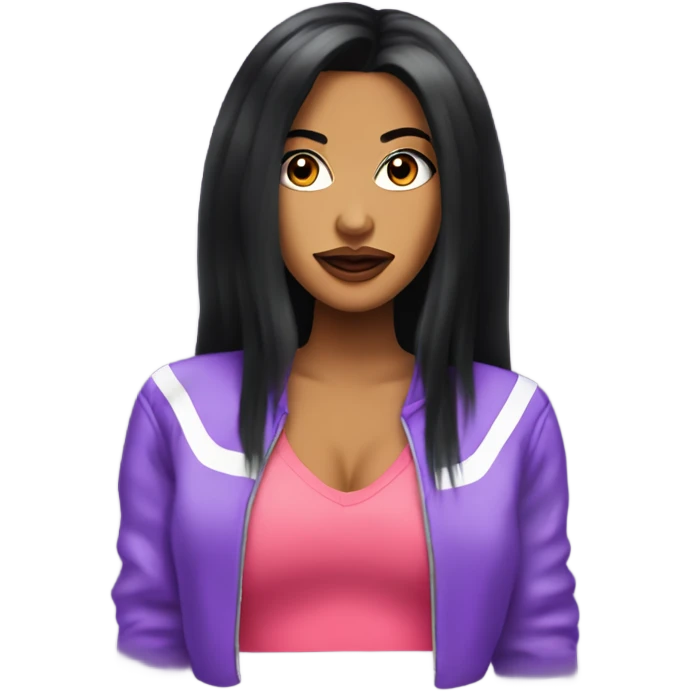 Tanned woman with long black hair dressed in Y2K R&B hair, makeup, and neon attire emoji
