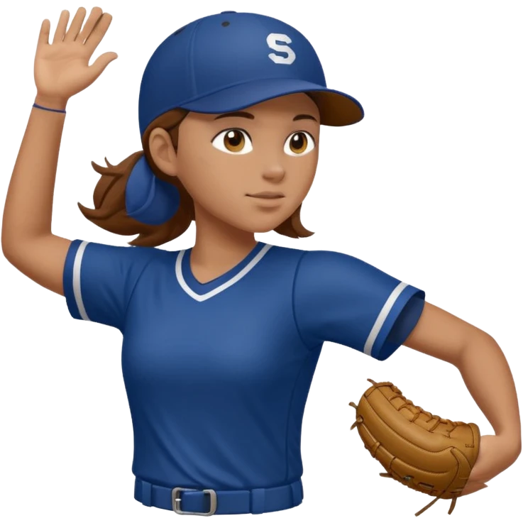 Softball pitcher pitching the ball from side view with brown hair and dark blue jersey and no hat and a face guard emoji