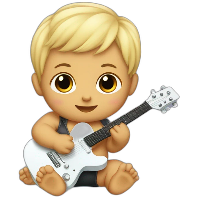 a 1-year-old baby, blond and with little hair, in diapers, playing a mini guitar emoji
