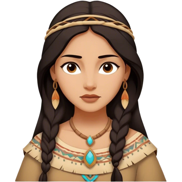 Cinematic Timeless Pocahontas Portrait Emoji, rendered in a realistic, vector style. Depict Pocahontas with warm, glowing skin, naturally flowing dark hair, and a serene, gentle expression, wearing traditional garments in muted earth tones. The design features bold, clean proportions, a soft, inviting glow, and a subtle glowing outline that captures her enduring natural beauty. emoji