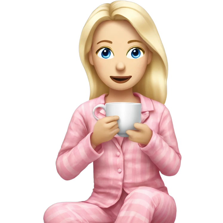 Blonde woman with blue eyes in pink pyjamas drinking tea legs crossed emoji