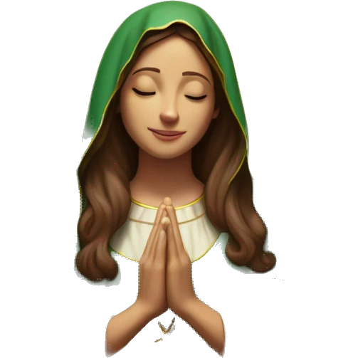 Virgin Mary: kind face looking down at the left, long brown hair, Wearing an emerald green  robe with gold stars and a burgundy red dress,  Hands in prayer or blessing. Halo around her head. standing in front of a big sun. colorful roses on the sides  emoji