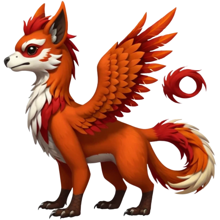 4-legged realistic scaly winged long-big-beaked Gryphon-Griffin-Griffsnuff-Talonflame-Silvally-Braviary-Red-Panda-fusion-hybrid-animal-Fakémon-creature, full body, with a long thin tufted lion-tail, long tufted winged feathery ears emoji