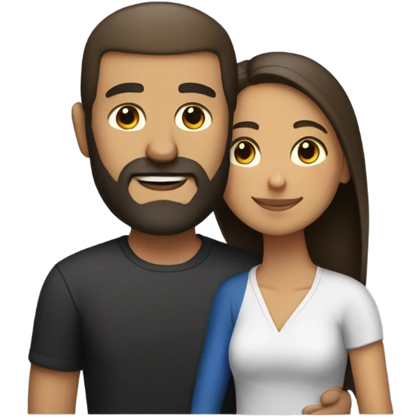 Comforting hug from tall, brunette, Puerto Rican woman to shorter bald male with beard emoji