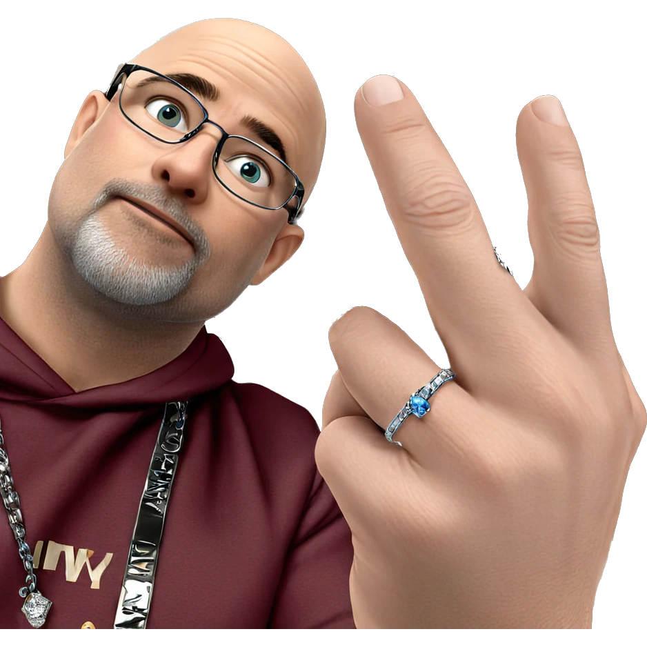bald guy in hoodie with jewelry emoji