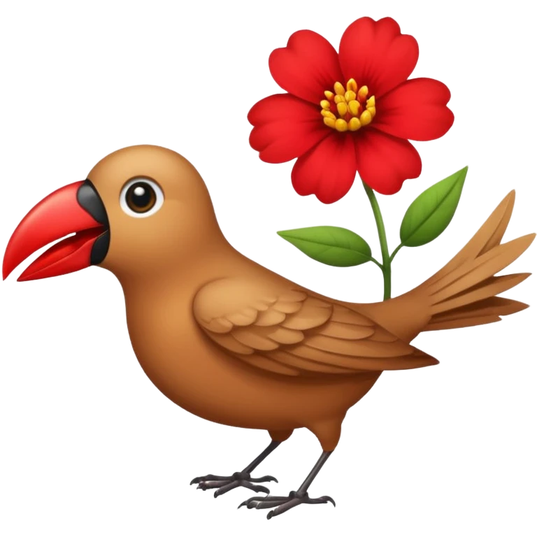 A bird carrying a red flower in its mouse  emoji