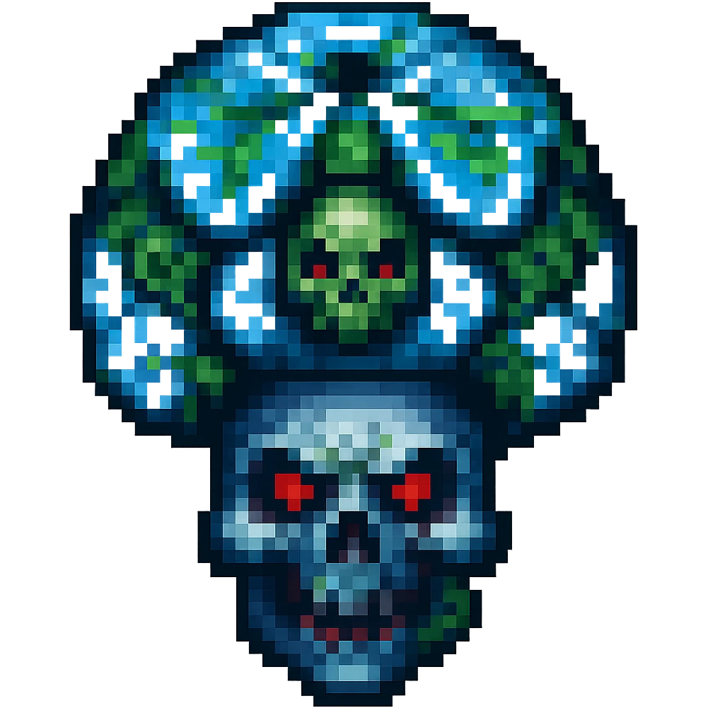 Make the toxic mushroom with skull pattern look scarier by adding glowing red eyes or sinister features. Keep the pixel art style and no background. emoji
