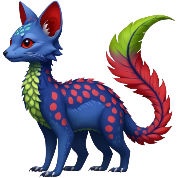 Feral Rare Fantasy vibrant tropical red and indigo and lime-collred Vernid-Trico-species-creature by LiLaiRa, random markings, tufted tail, tufted ears, full body emoji