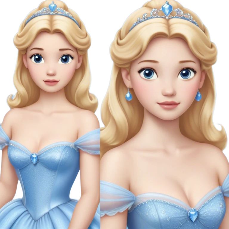 Cinematic Realistic Cinderella Portrait, depicted with lifelike skin texture, subtle rosy undertones, and soft natural lighting that enhances the gentle contours of her face. Her intricately detailed golden blonde hair is elegantly styled in an updo, with delicate wisps framing her face for added realism. Her deep, expressive blue eyes radiate warmth and sincerity, reflecting a quiet resilience and grace. She is dressed in her iconic ball gown, the fabric shimmering with intricate embroidery and fine translucent layers that catch the light beautifully. The soft sheen of satin gloves and the delicate sparkle of a glass-like slipper peeking from beneath her dress add a touch of magical realism. The portrait features an enchanting glow with a natural, luminous finish, seamlessly blending realism and fairytale charm to evoke a sense of depth, elegance, and timeless beauty. emoji