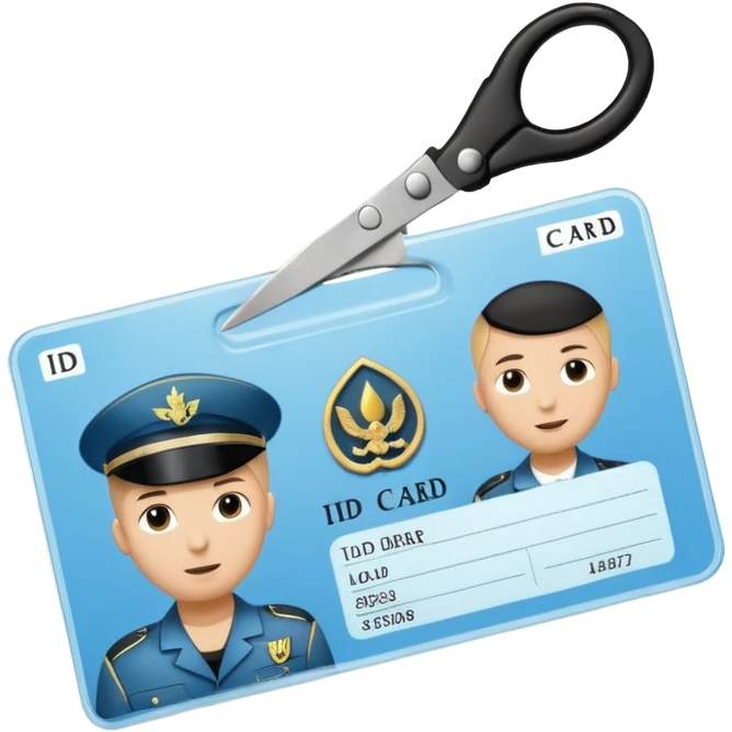 Floating black Scissors cutting in half a light blue idf soldier ID card with golden chip in 2 parts .hyper realistic emoji