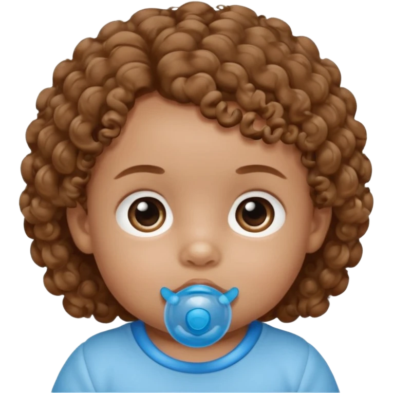 A baby with light brown skin, soft curly light-brown hair, wide brown eyes, and a blue pacifier.  emoji