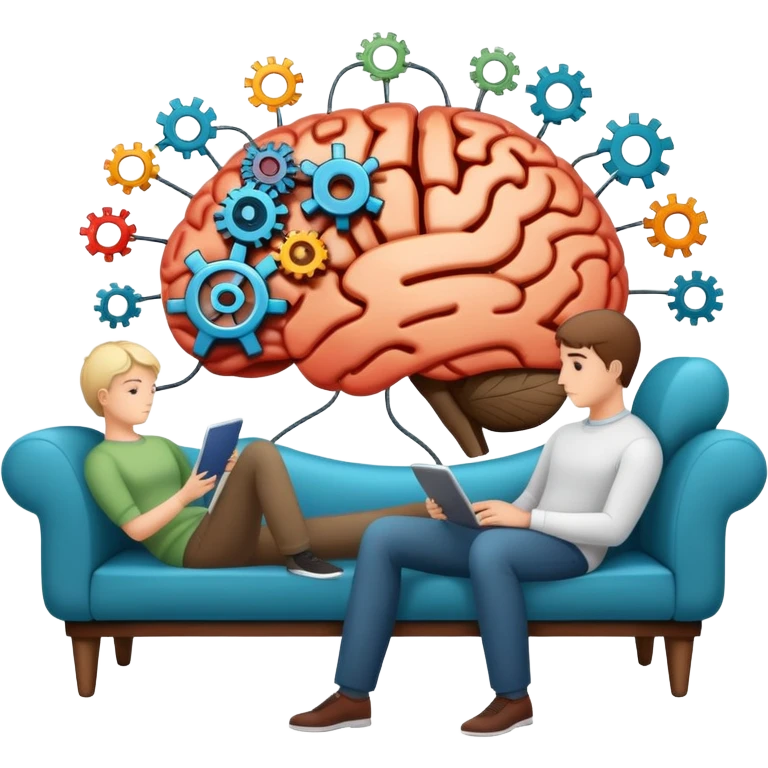 An icon featuring a brain with gears, a mind map, and a therapy couch, symbolizing psychology. The design includes a set of mental health tools and a silhouette of a person in deep thought, representing understanding the human mind. Transparent background emoji
