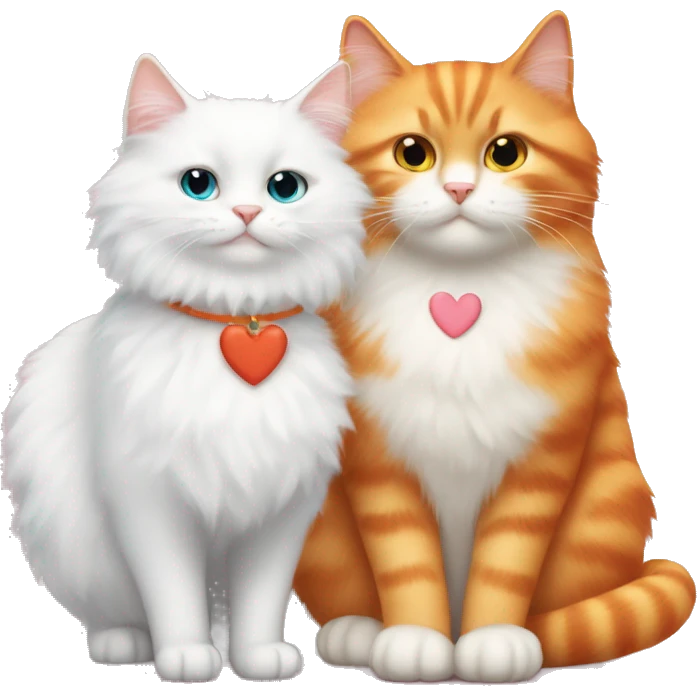 A white fluffy cat and an orange cat sitting together with hearts emoji
