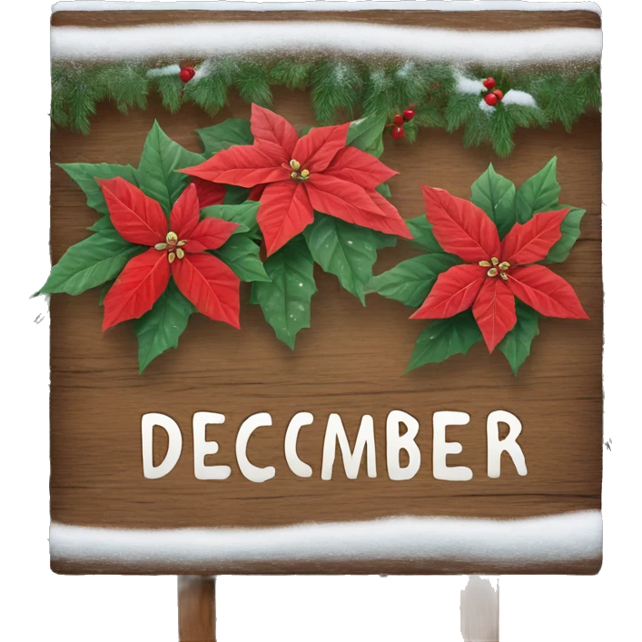 Wood sign with inscription december and poinsettia with snow on sign  emoji