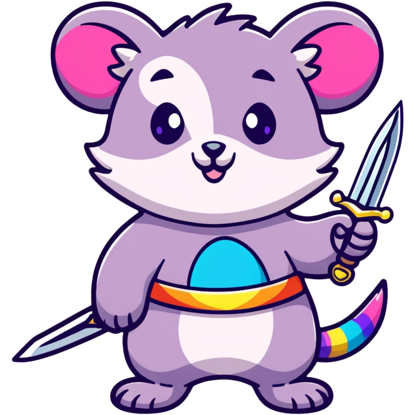 A cute pastel colored possum warrior holding a gleaming sword, with rainbow fur, sparkly eyes, and colorful stars around emoji