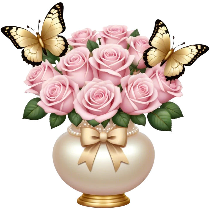 Realistic aesthetic bouquet of light pink roses in a pearl vase and a beige bow with gold decoration and a butterfly with gold and beige wings emoji