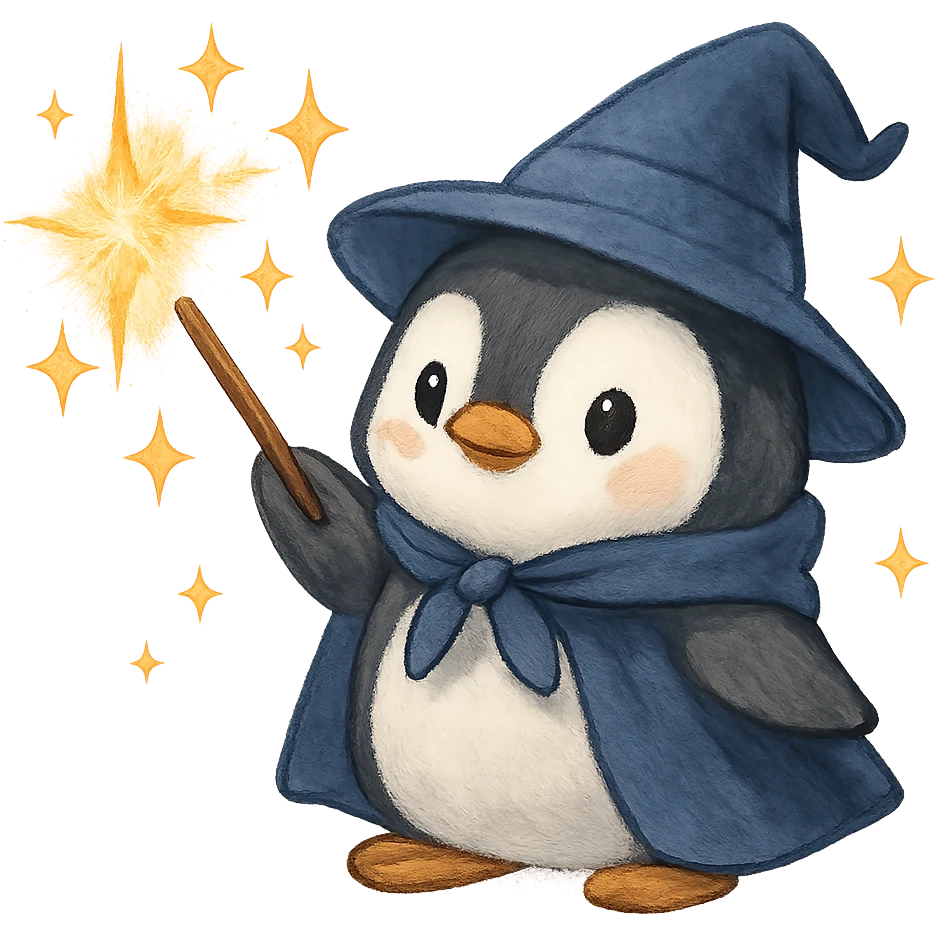 a cute penguin wizard casting a spell, with sparkles around emoji