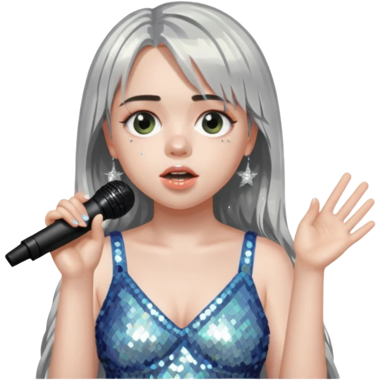 billie eilish is singing, holding mirco and twinkle dresss emoji