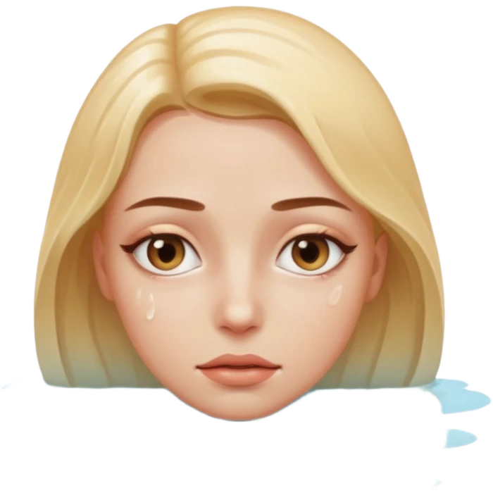 Woman submerged in black water, wet skin and eyes above surface, silent invitation emoji