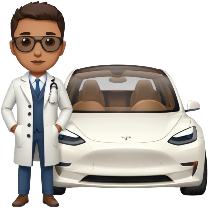 White tesla model 3 with a cool physician with sunglasses next to it emoji