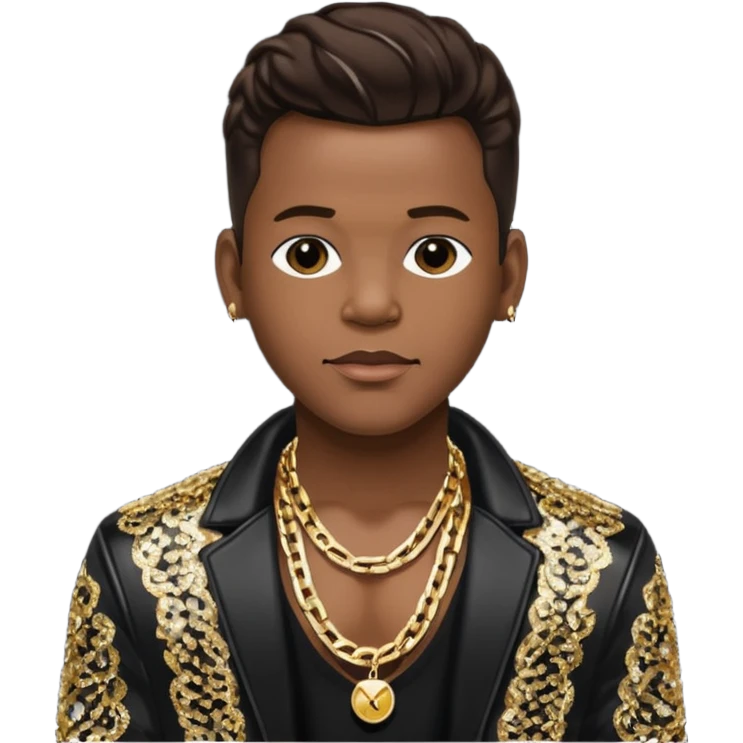 Bobby Brown with dark brown hair, black sequin jacket, shirtless with necklace emoji