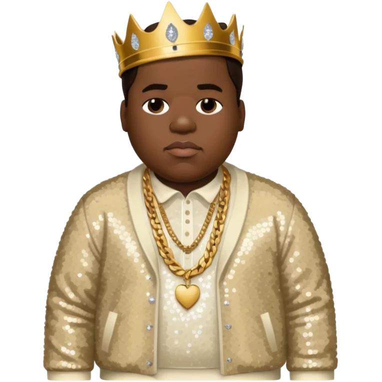 Biggie Smalls with dark brown hair, ivory sequin outfit emoji