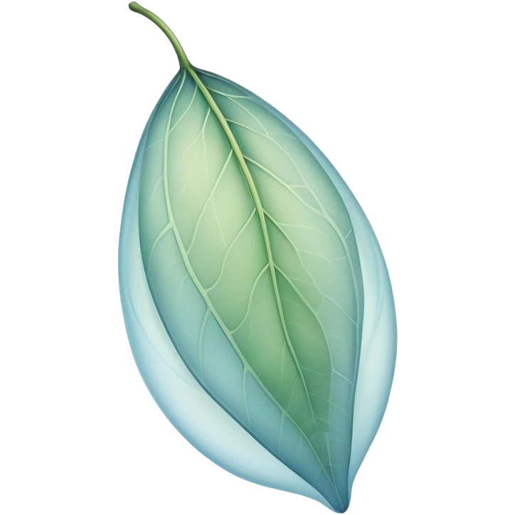 delicate cocoon-shaped leaf, translucent texture, soft curved lines, floating with light aura, gentle green-blue hues, warm earth undertones emoji