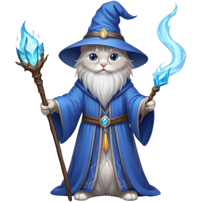 A cat wizard casting a spell with magical staff and flowing robes emoji