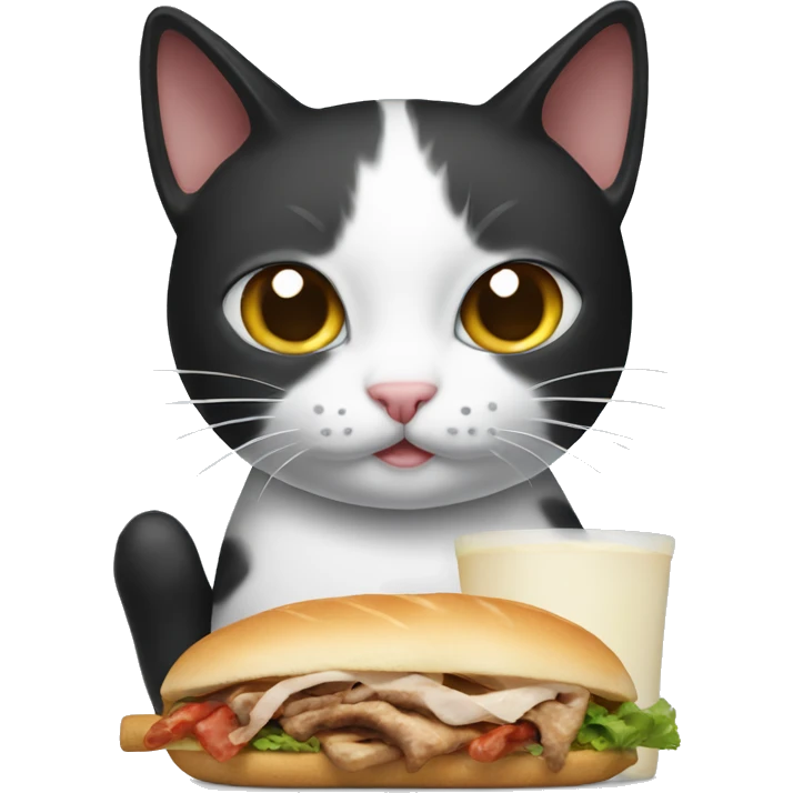 Black and white cat holding milk and kebab emoji