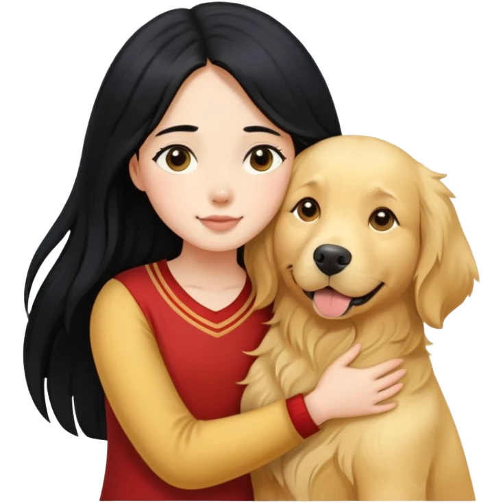 A girl with long black  hair tightly hugged a Golden Retriever emoji