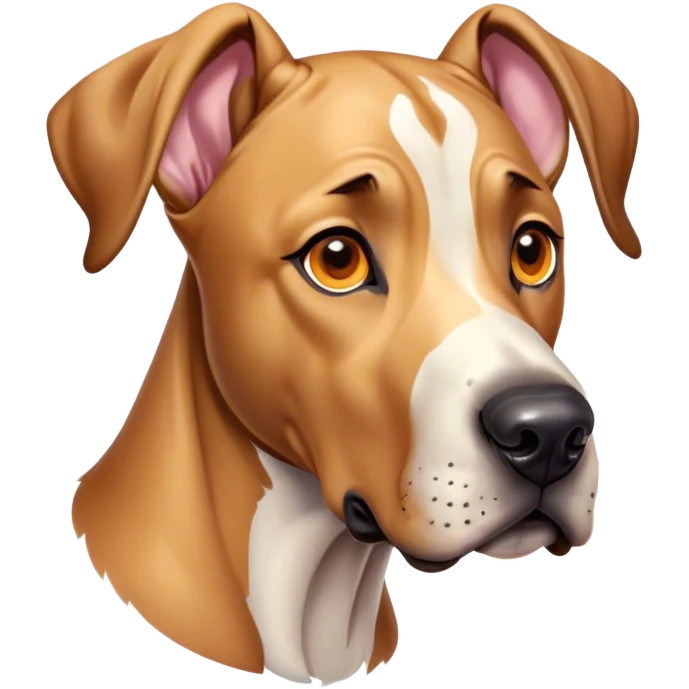 Cinematic Cute Fawn Great Dane Portrait Emoji, Head tilted playfully and inquisitively, showcasing a glossy fawn coat with a subtle luster, round, sparkling amber eyes filled with curiosity, Simplified yet irresistibly adorable features, highly detailed, glowing with a warm, friendly glow, high shine, affectionate and gentle, stylized with a touch of whimsy, bright and endearing, soft glowing outline, capturing the essence of a mischievous yet loving pup, so playful it feels like it could lumber out of the screen and into your arms! emoji
