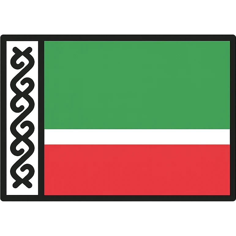 flag of Chechnya, horizontal tricolor with green, white, and red stripes, vertical white stripe with traditional Chechen pattern on hoist side, clean flat style emoji
