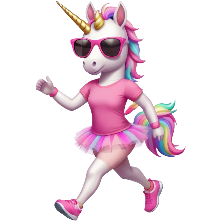 friendly anthropomorphised female unicorn in tutu and pink t-shirt, wearing dark sunglasses, jogging upright in relaxed pose emoji