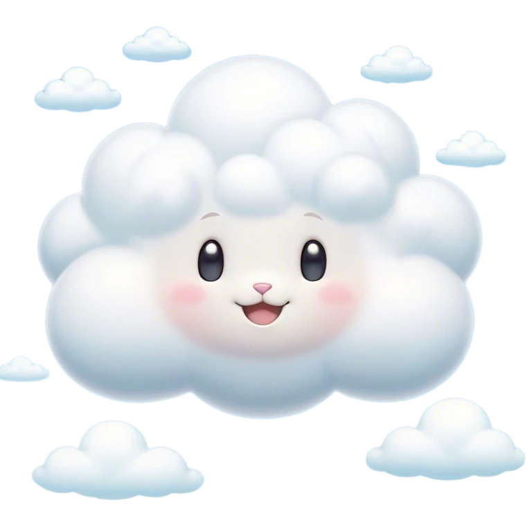 Cinematic tiny puffy bunny-shaped cloud, floating gently in the sky, soft glowing light, tiny rounded ears, smiling face, dreamy and magical. emoji