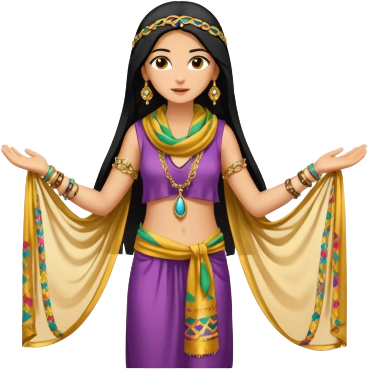 Mujer joven, morena, 
Negro, largo y brillante, suele ir cubierto parcialmente por un velo o pañuelo oriental.inspiración árabe: túnica colorida , con detalles dorados o lentejuelas; brazaletes y pendientes.cuerpo entero emoji