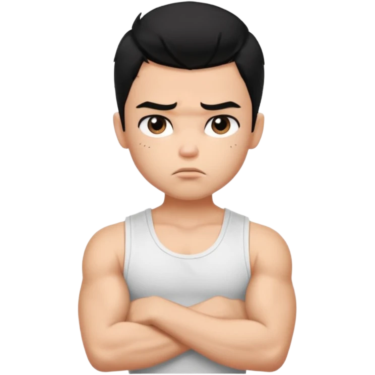 a pretty bratz boy with black hair and white sleeveless tank, biceps looking sad emoji