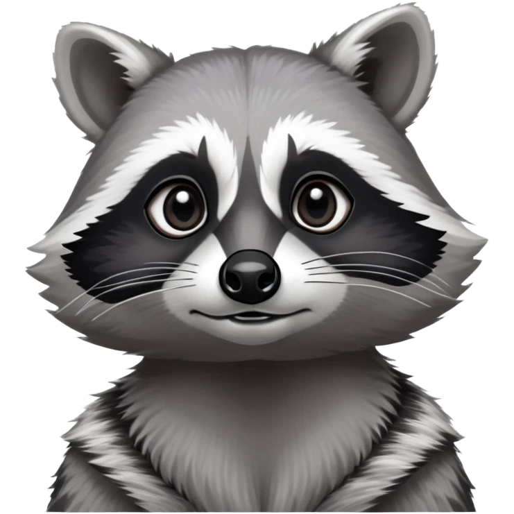 Cinematic-Noble-Raccoon-Portrait-Emoji – Poised and confident, with a sturdy build and a beautifully textured fur of silver-grey accented by dark black facial markings, deep-set, large big black eyes revealing no white, simplified yet sharp and sophisticated zoom out to show shoulders emoji