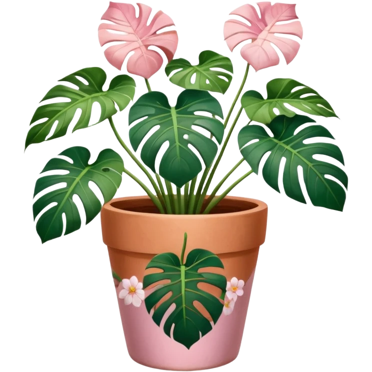 monstera plant in a plant pot in terra cota with white and pink flowers hand painted on the pot  emoji